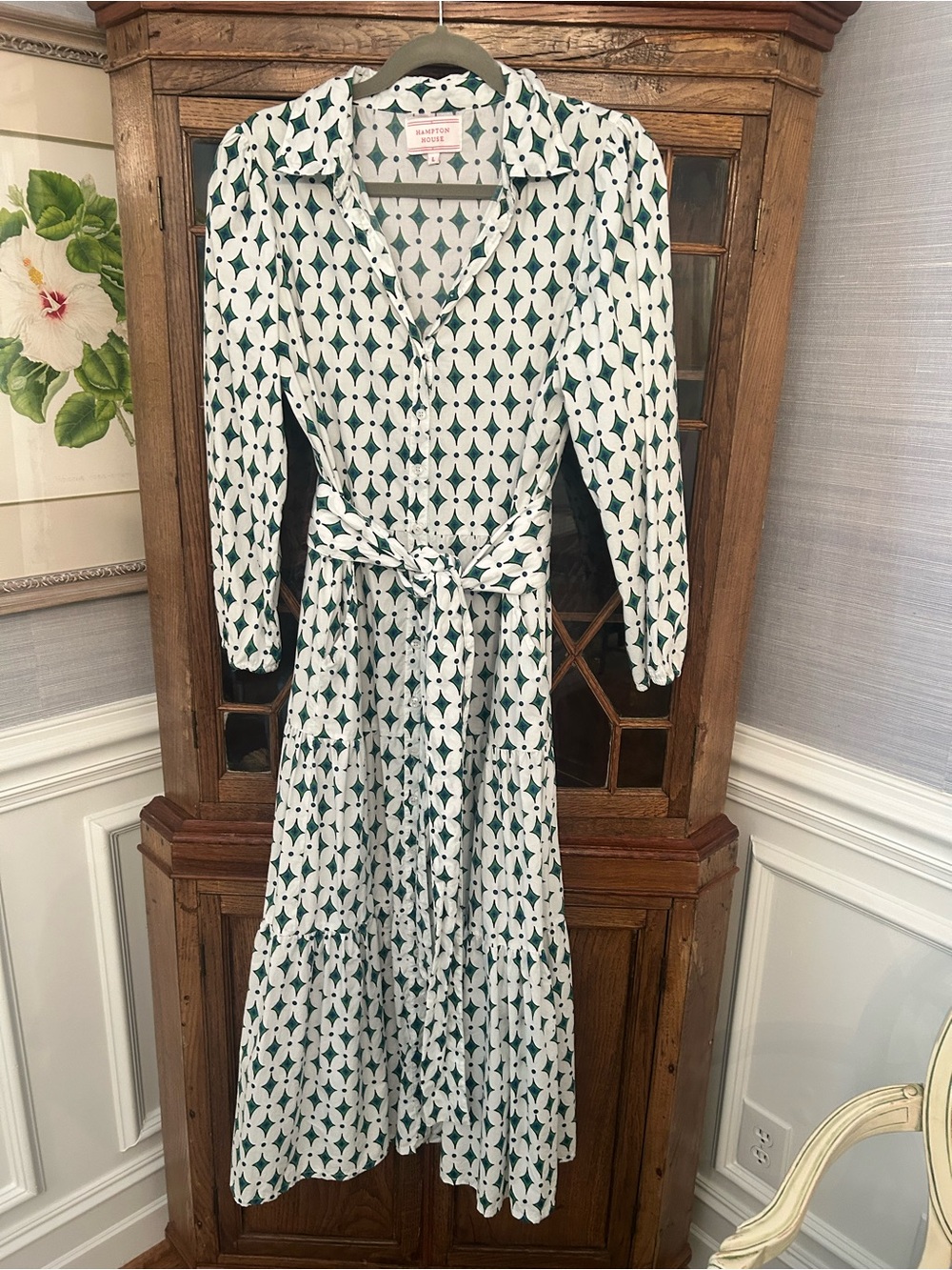 Green and White Geometric Maxi Shirt Dress with Waist Tie